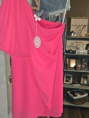Umgee One-Shoulder Bright Pink Cocktail Dress